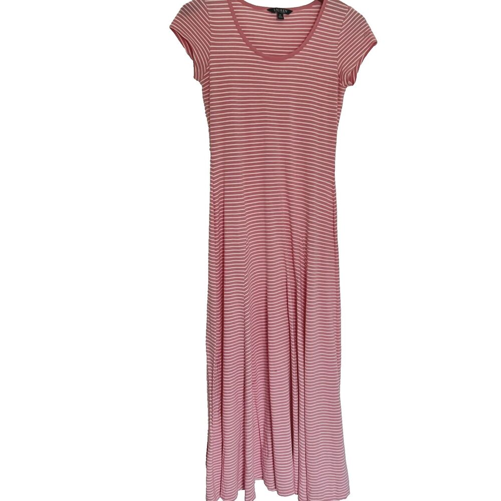 Lauren Ralph Lauren Maxi Dress M Pink White Striped Cotton Modal Flare